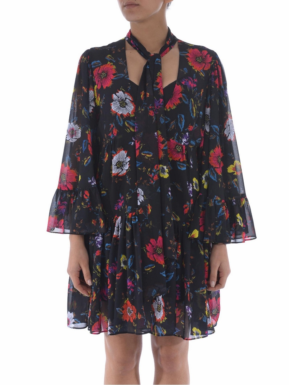 ALEXANDER MCQUEEN MCQ FLORAL PRINT NECK TIE BELL SLEEVE DRESS